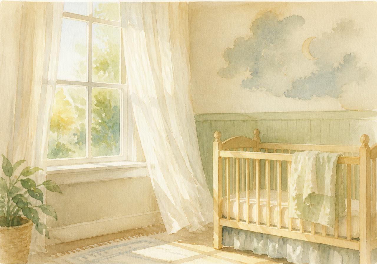 Aquarela de um quarto de bebê com janela, cortina de algodão e luz da manhã